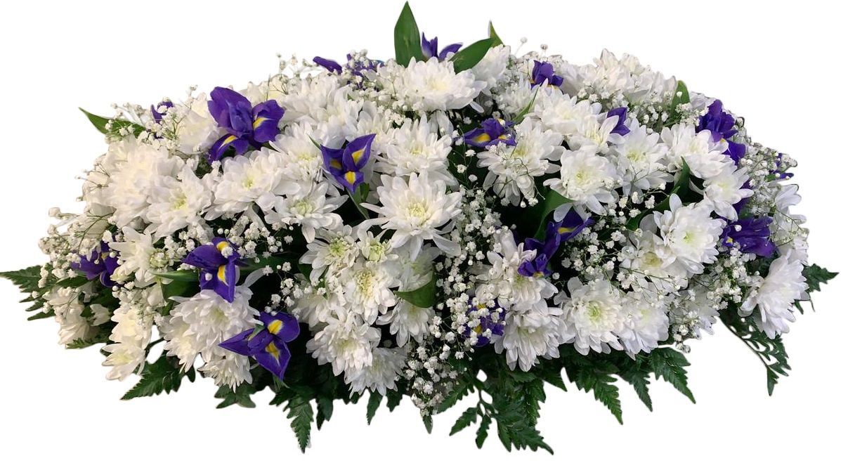 Композиция на гроб с хризантемами и ирисами 100 см