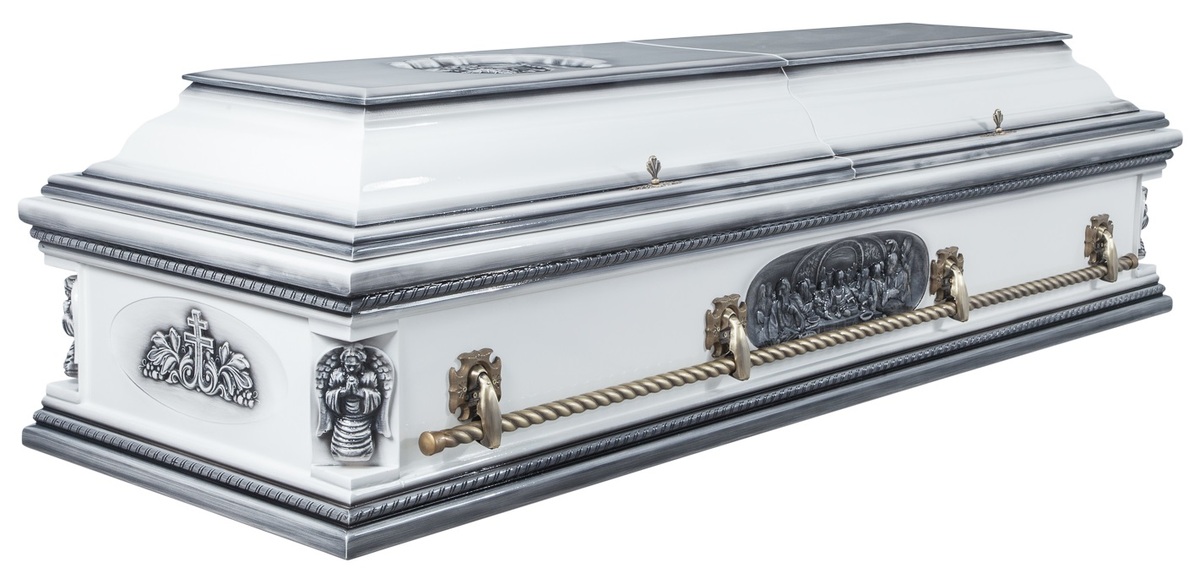 Гроб двухкрышечный "Вегас" плоская крышка резная Белый