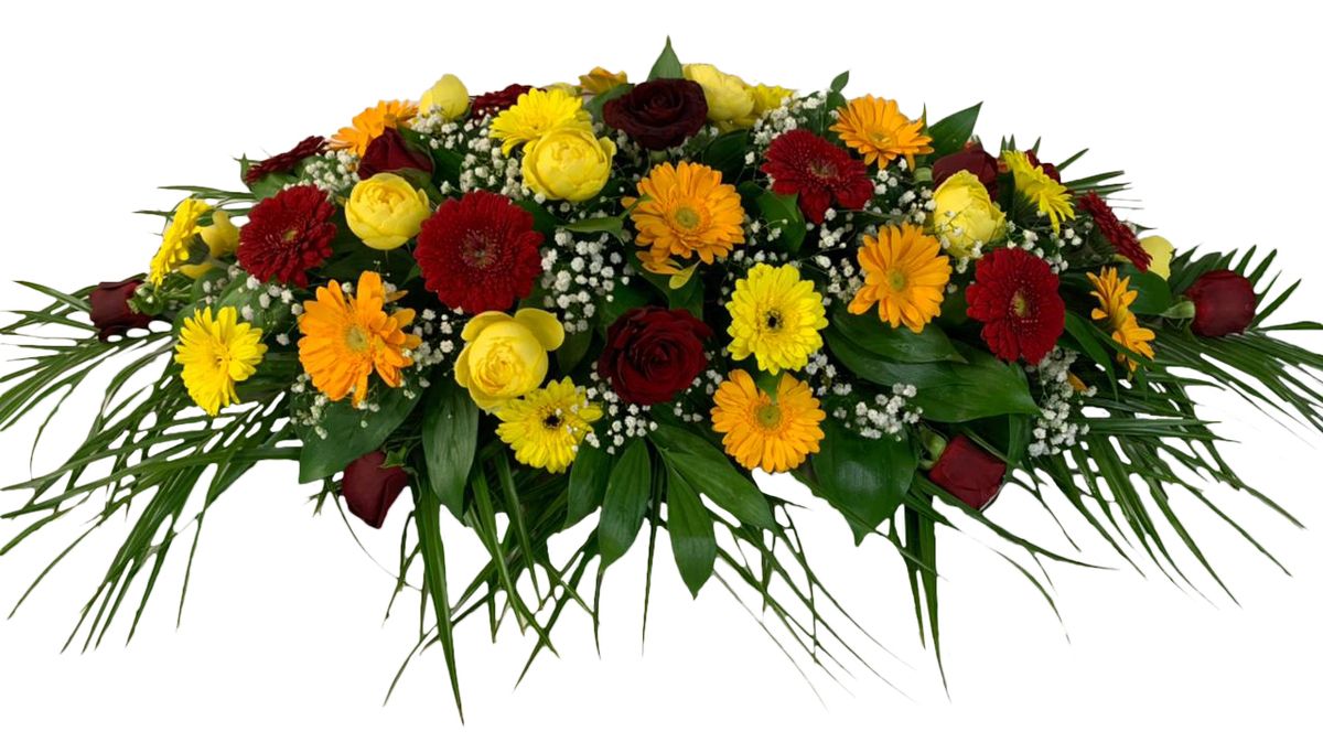 Композиция на гроб с герберами и розами 100 см