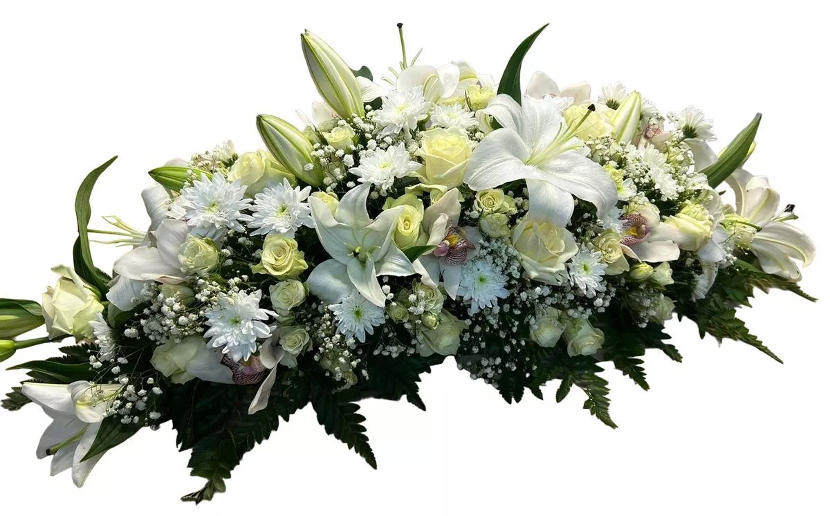 Композиция на гроб с розами, лилиями и хризантемами 100 см