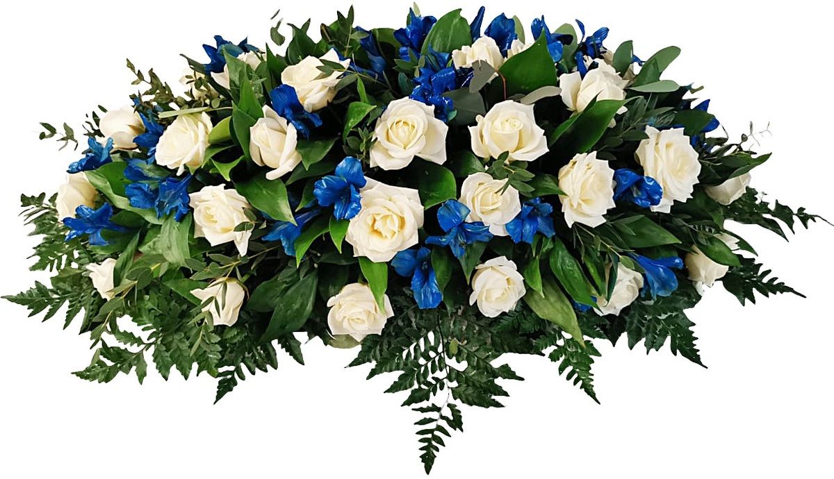 Композиция на гроб с белыми розами и ирисами 100 см