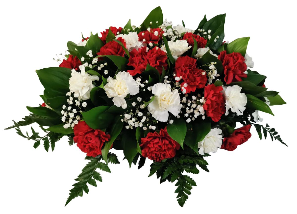 Композиция на гроб с красно-белыми гвоздиками 50 см