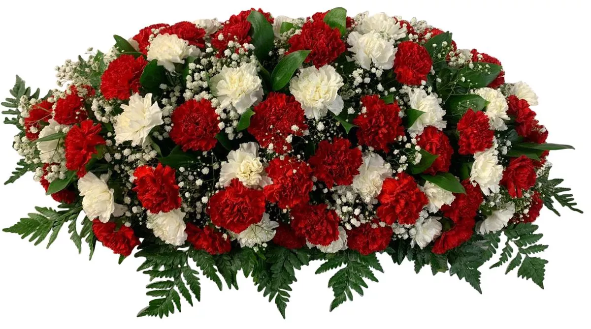 Композиция на гроб с красно-белыми гвоздиками 100 см