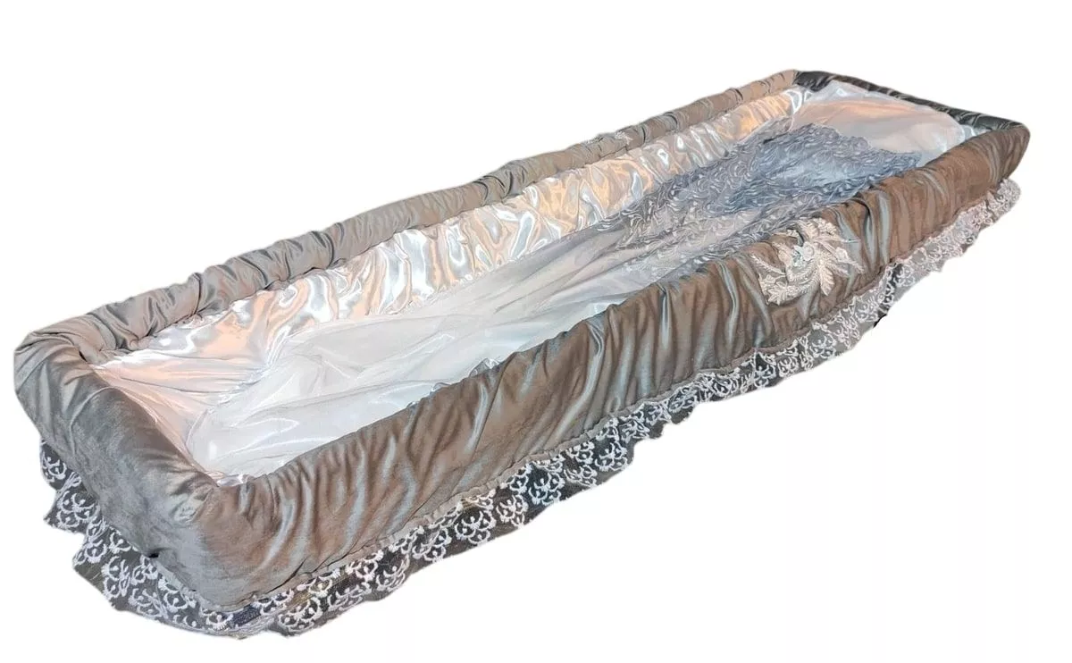 Гроб обитый тканью "Траур" атлас Темно-Синий с постелью Мия