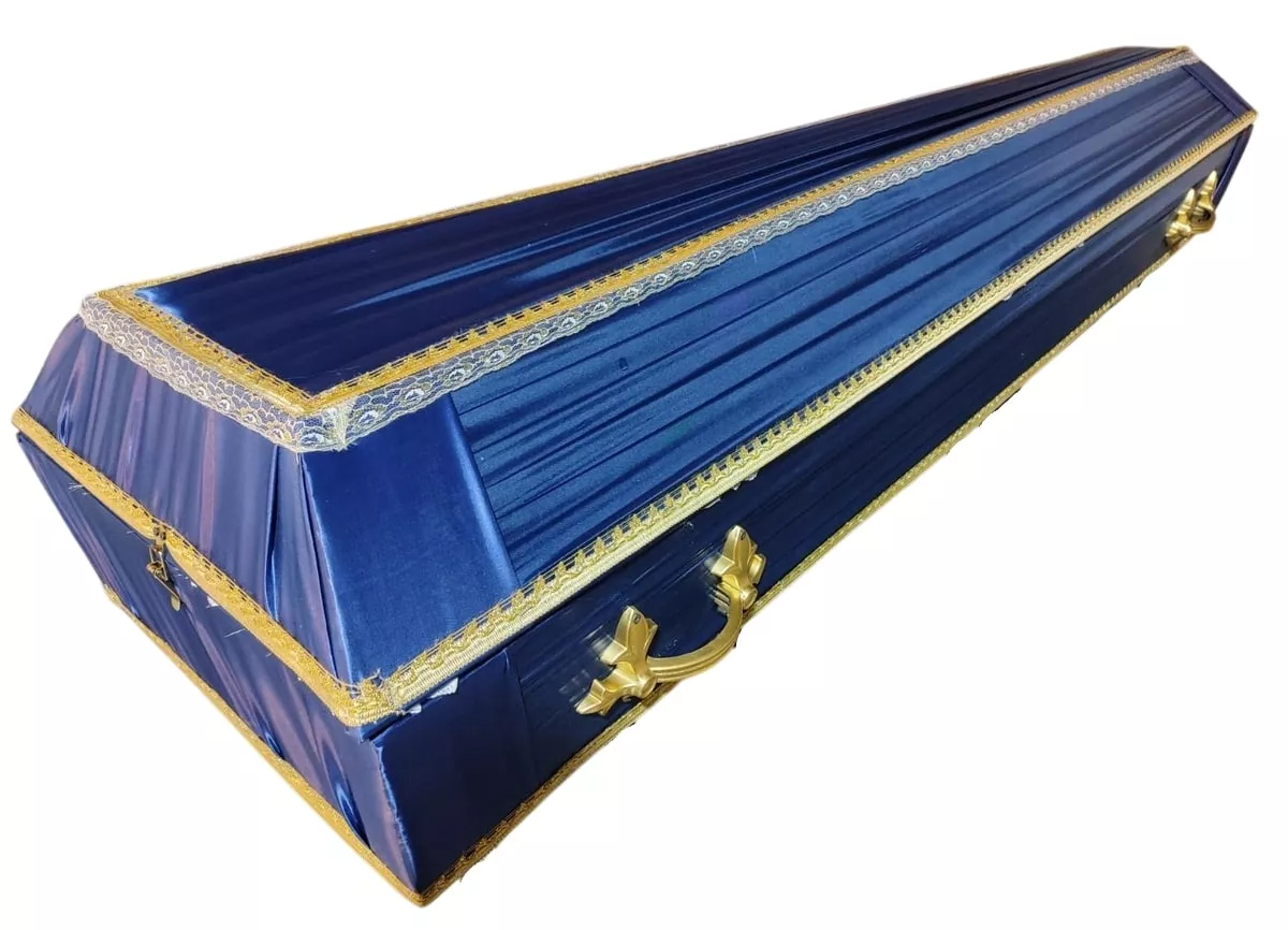 Гроб обитый тканью "Траур" атлас Темно-Синий с постелью Мия