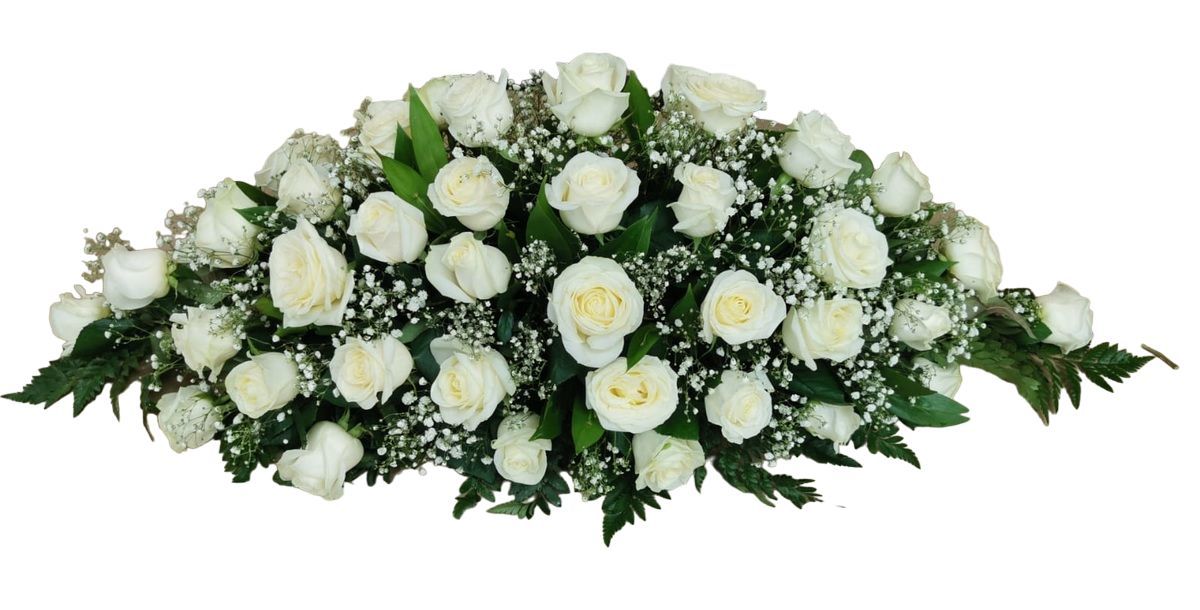 Композиция на гроб с белыми розами 100 см